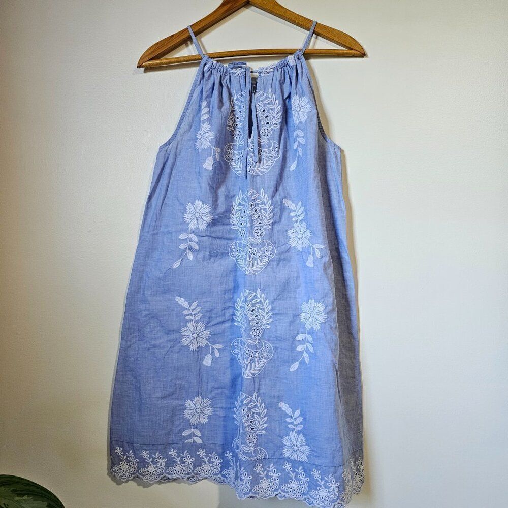 Blue Embroidered Halter Dress